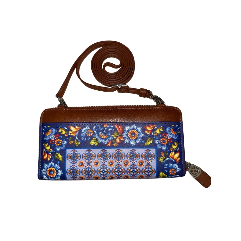 Brighton Ferrara Floral Leather Crossbody Wallet Organizer Blue Orange Brown